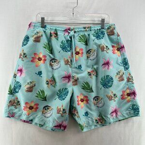 Star Wars Swim Shorts Mens L Mandalorian Baby Yoda Print Mesh Lined Mint Green